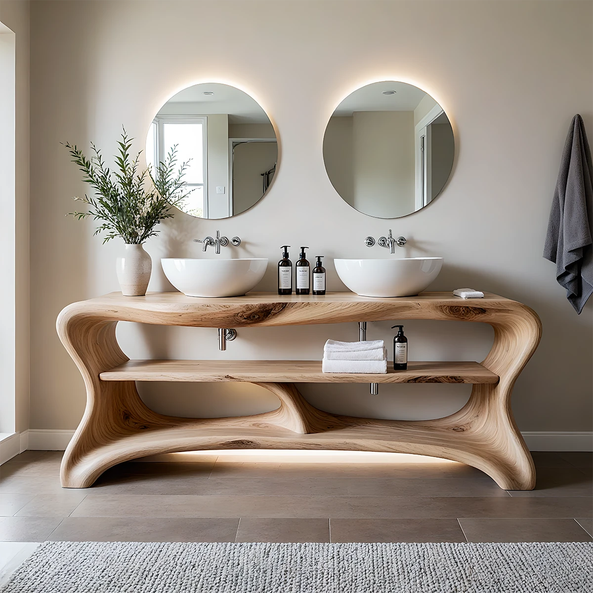 Curved Solid Wood Double Vanity with Sculptural Base - Rustira
