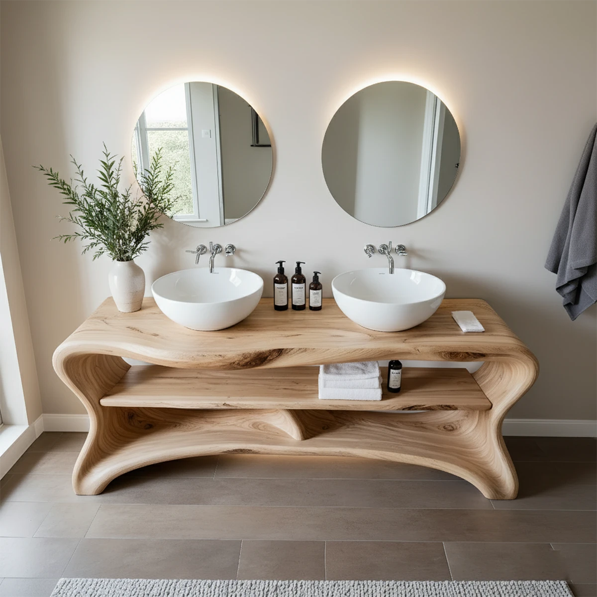 Curved Solid Wood Double Vanity with Sculptural Base - Rustira