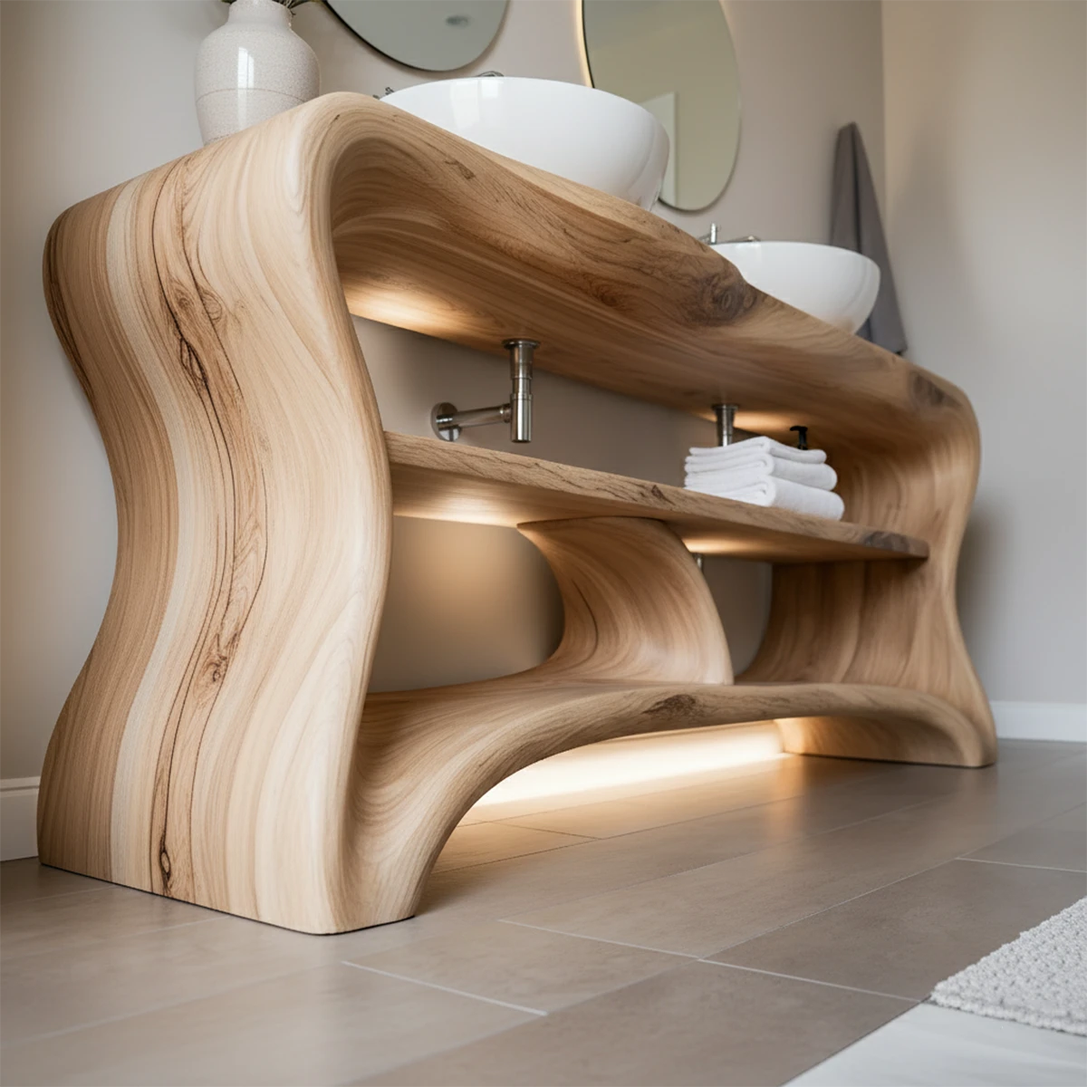 Curved Solid Wood Double Vanity with Sculptural Base - Rustira