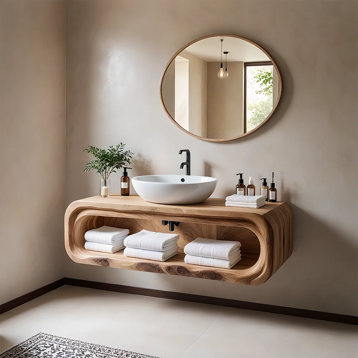 Curved Solid Wood Floating Vanity – Japandi Organic Bathroom Console - Rustira
