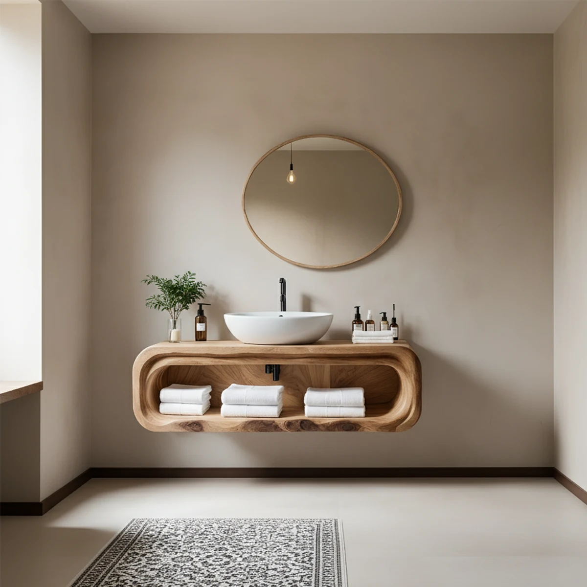 Curved Solid Wood Floating Vanity – Japandi Organic Bathroom Console - Rustira