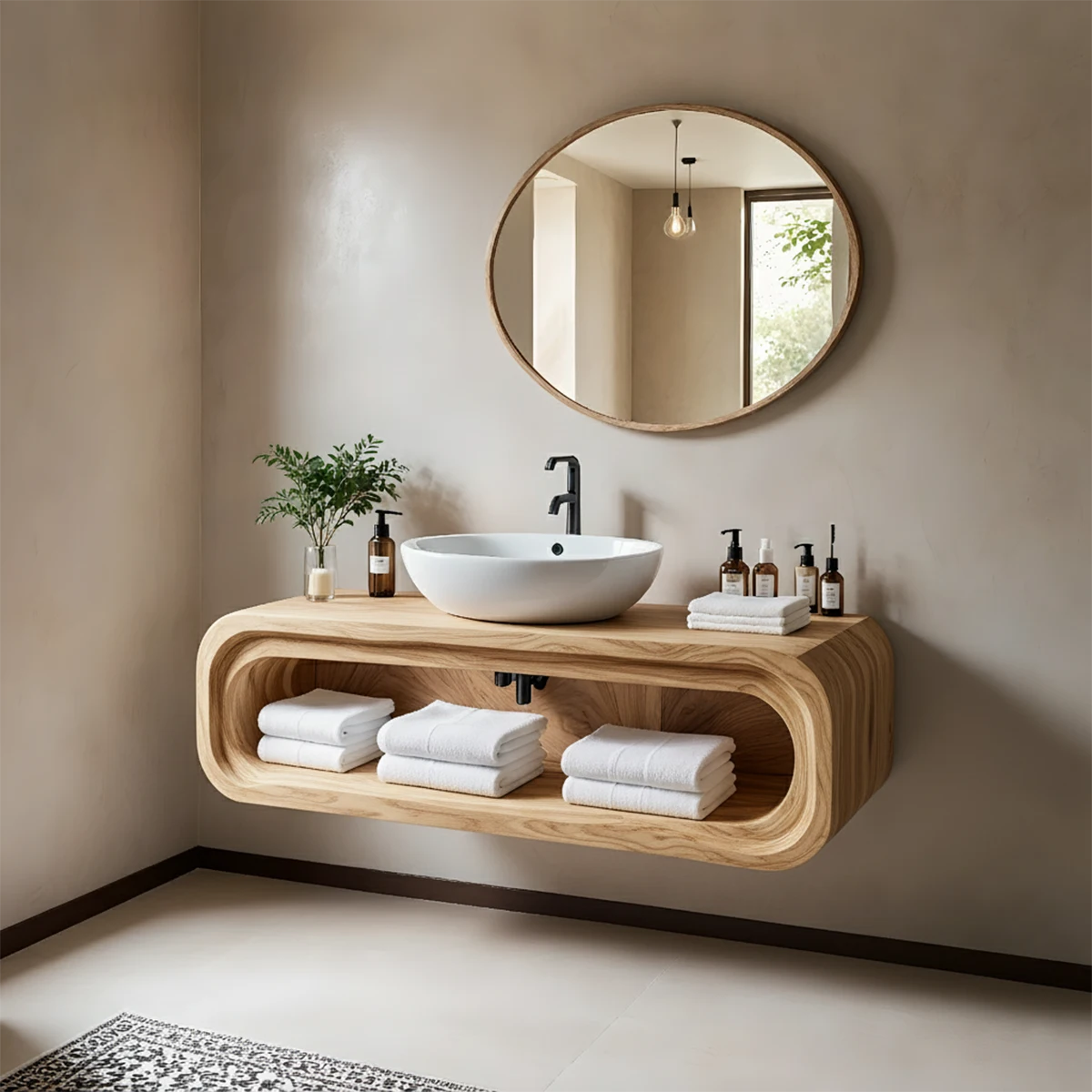 Curved Solid Wood Floating Vanity – Japandi Organic Bathroom Console - Rustira