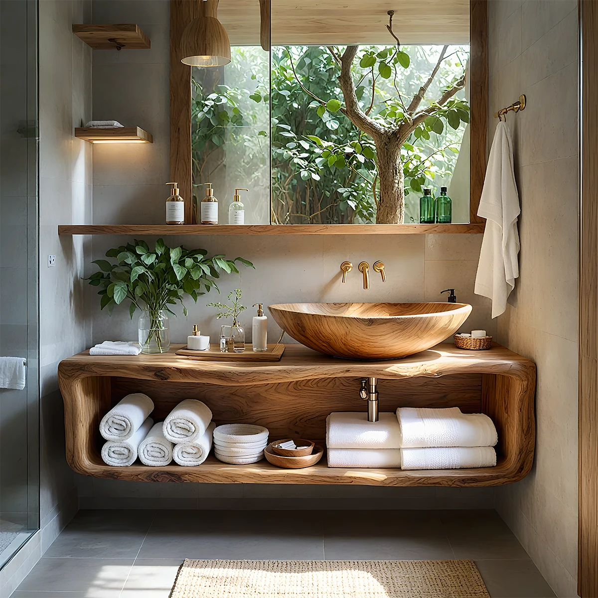 Curved Solid Wood Floating Vanity – Organic Spa Bathroom Console - Rustira