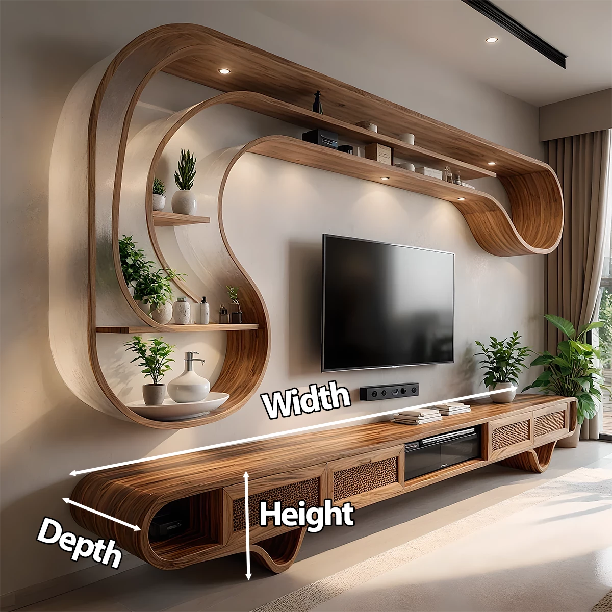 Curved Solid Wood TV Stand & Floating Wave Shelf Set – Modern Sculptural Media Wall - Rustira