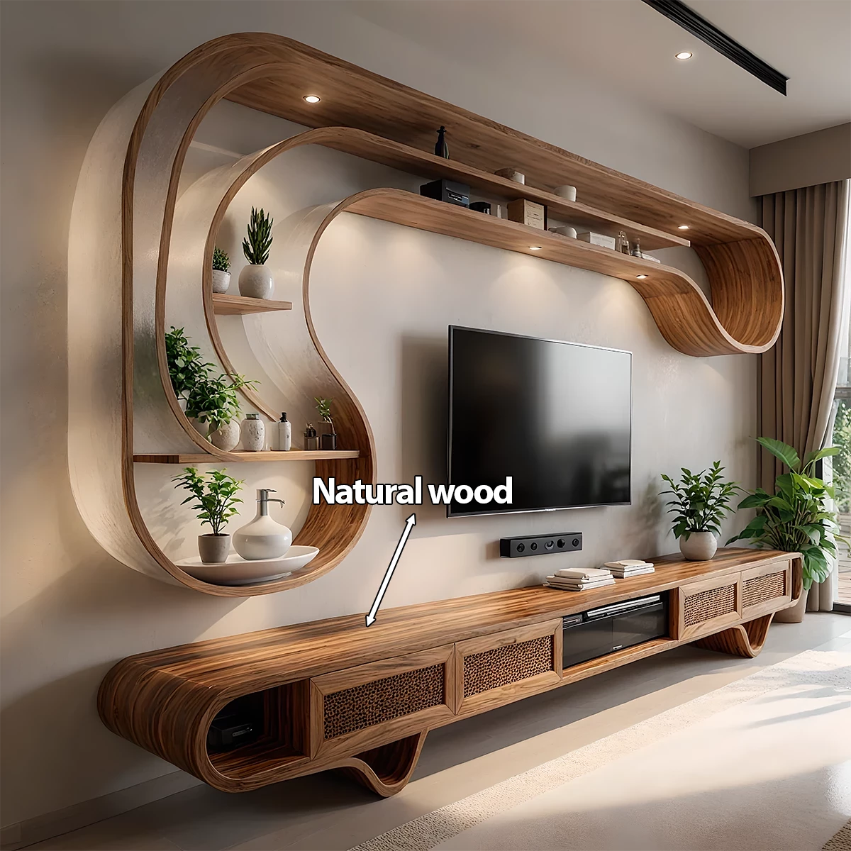 Curved Solid Wood TV Stand & Floating Wave Shelf Set – Modern Sculptural Media Wall - Rustira