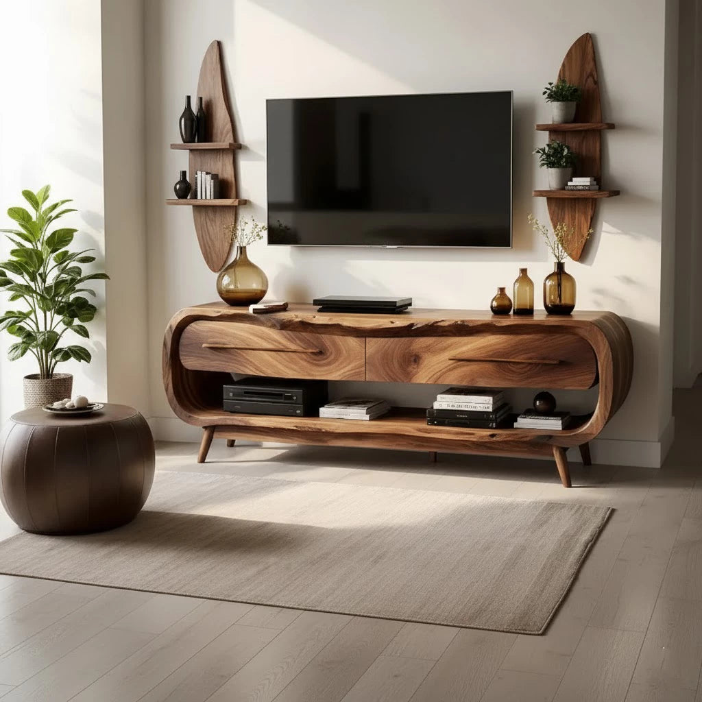Curved Solid Wood TV Stand Set with Floating Shelves - Organic Modern Media Console - Rustira