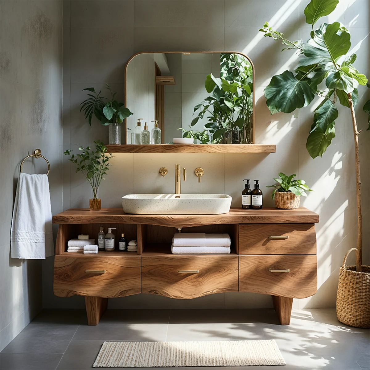 Curved Solid Wood Vanity with Legs – Japandi Spa Bathroom Console - Rustira