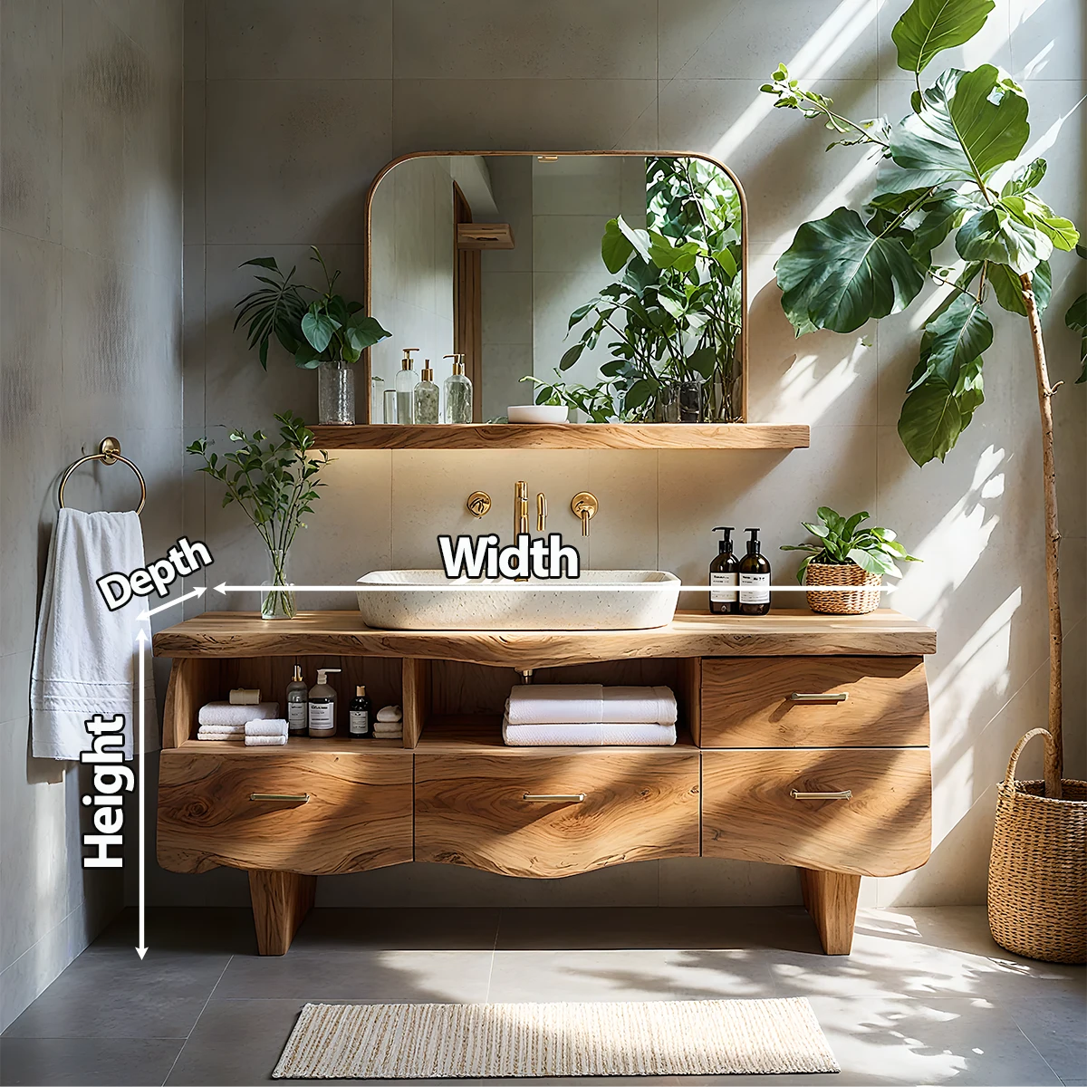 Curved Solid Wood Vanity with Legs – Japandi Spa Bathroom Console - Rustira