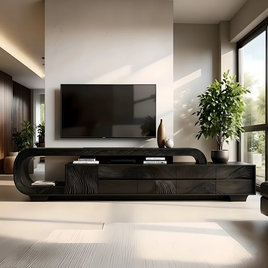 Curved Walnut Wave Carved Media Console - Modern Art TV Stand - Rustira