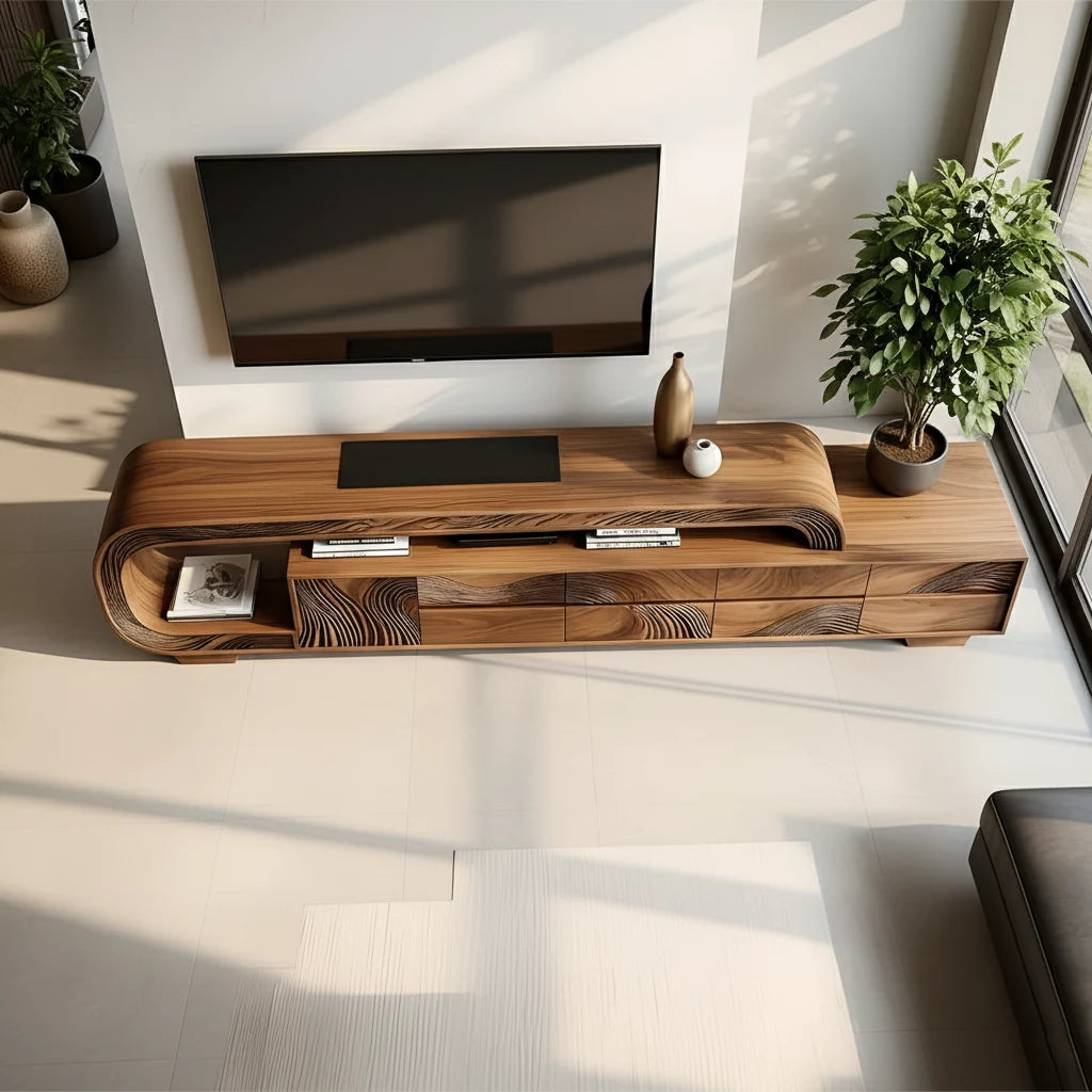 Curved Walnut Wave Carved Media Console - Modern Art TV Stand - Rustira