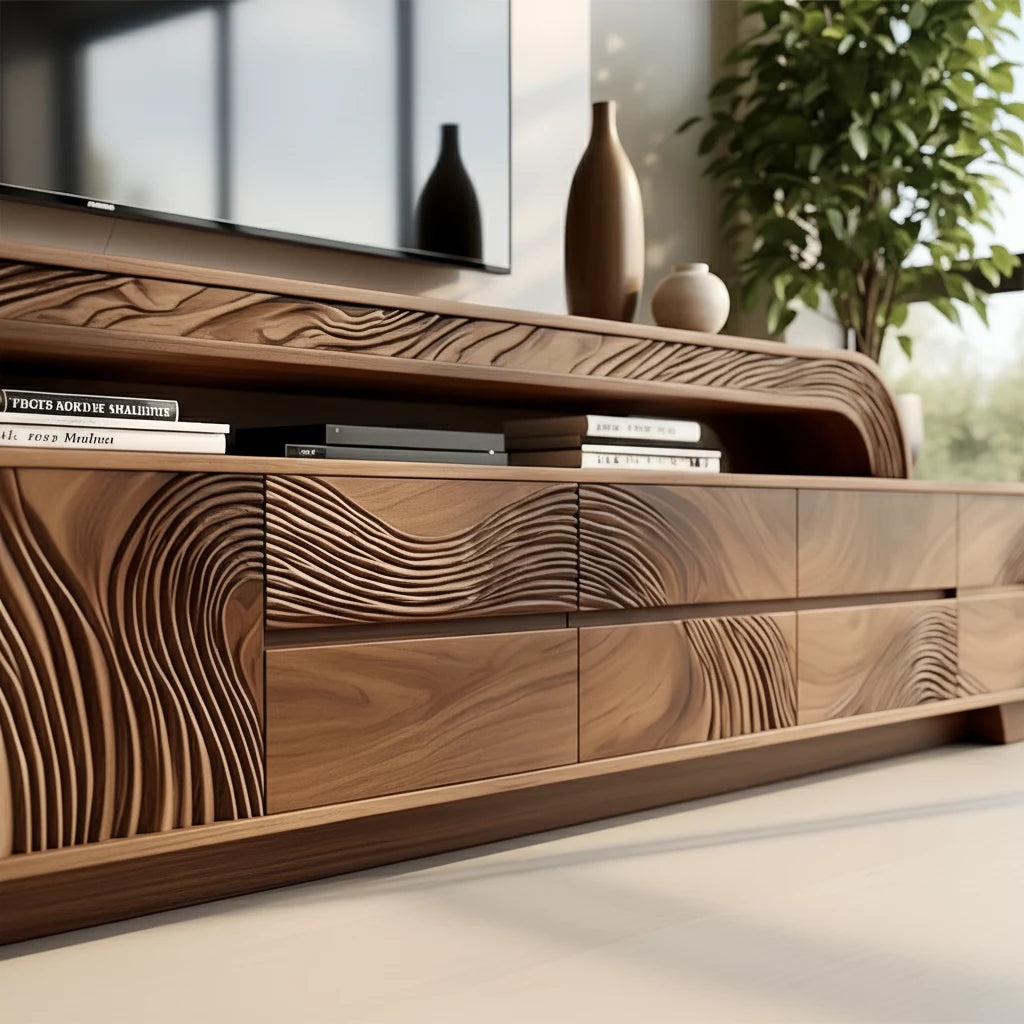 Curved Walnut Wave Carved Media Console - Modern Art TV Stand - Rustira