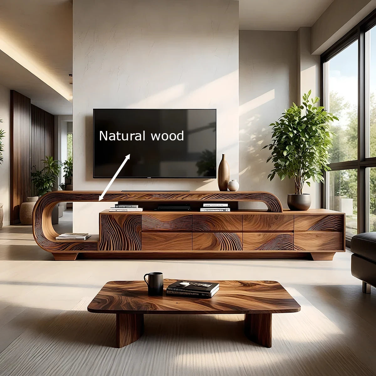 Curved Walnut Wave Carved Media Console - Modern Art TV Stand - Rustira