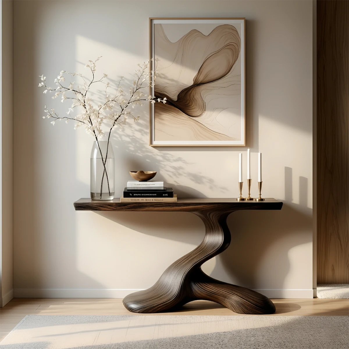 Dark Sculptural Solid Wood Console — Organic Japandi Entry Table - Rustira