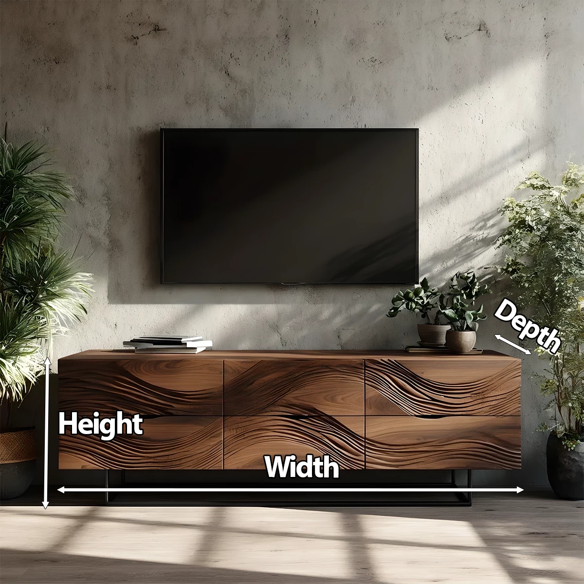 Dark Walnut Sculpted TV Stand – Modern Organic Wave Media Console - Rustira
