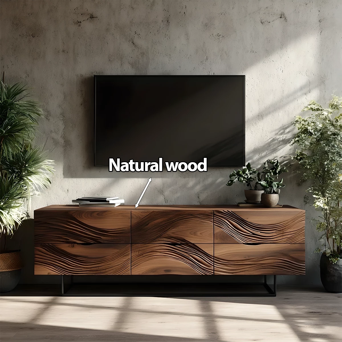 Dark Walnut Sculpted TV Stand – Modern Organic Wave Media Console - Rustira