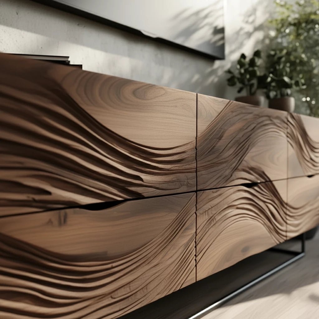 Dark Walnut Sculpted TV Stand – Modern Organic Wave Media Console - Rustira