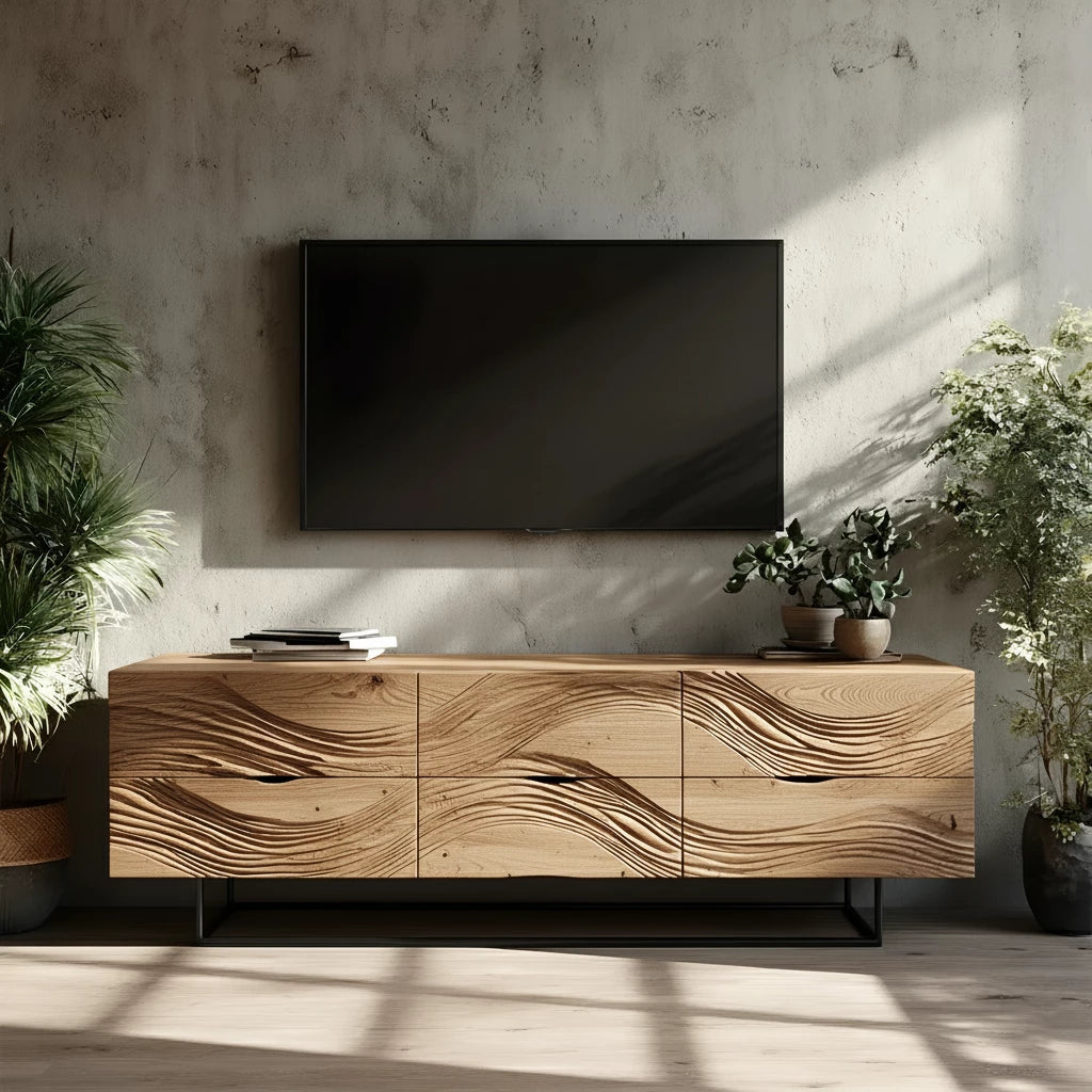 Dark Walnut Sculpted TV Stand – Modern Organic Wave Media Console - Rustira