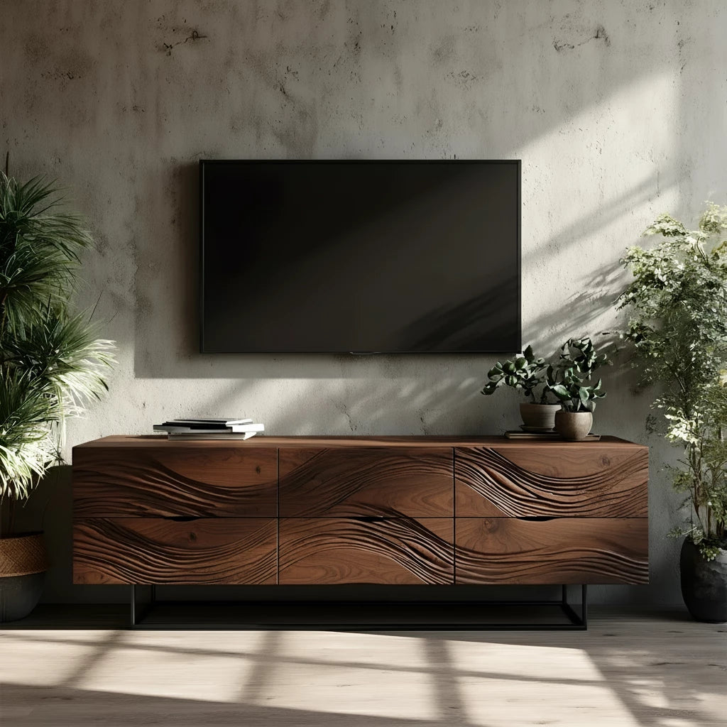 Dark Walnut Sculpted TV Stand – Modern Organic Wave Media Console - Rustira