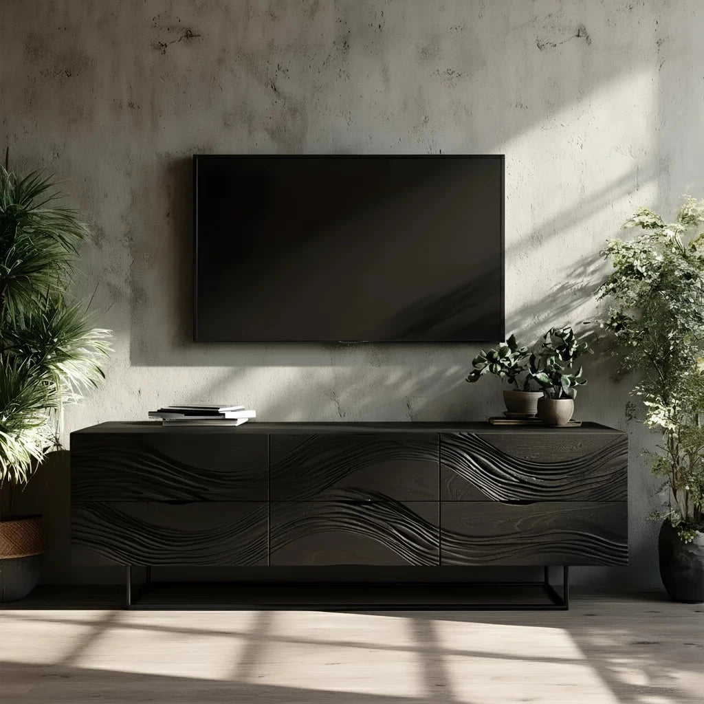 Dark Walnut Sculpted TV Stand – Modern Organic Wave Media Console - Rustira