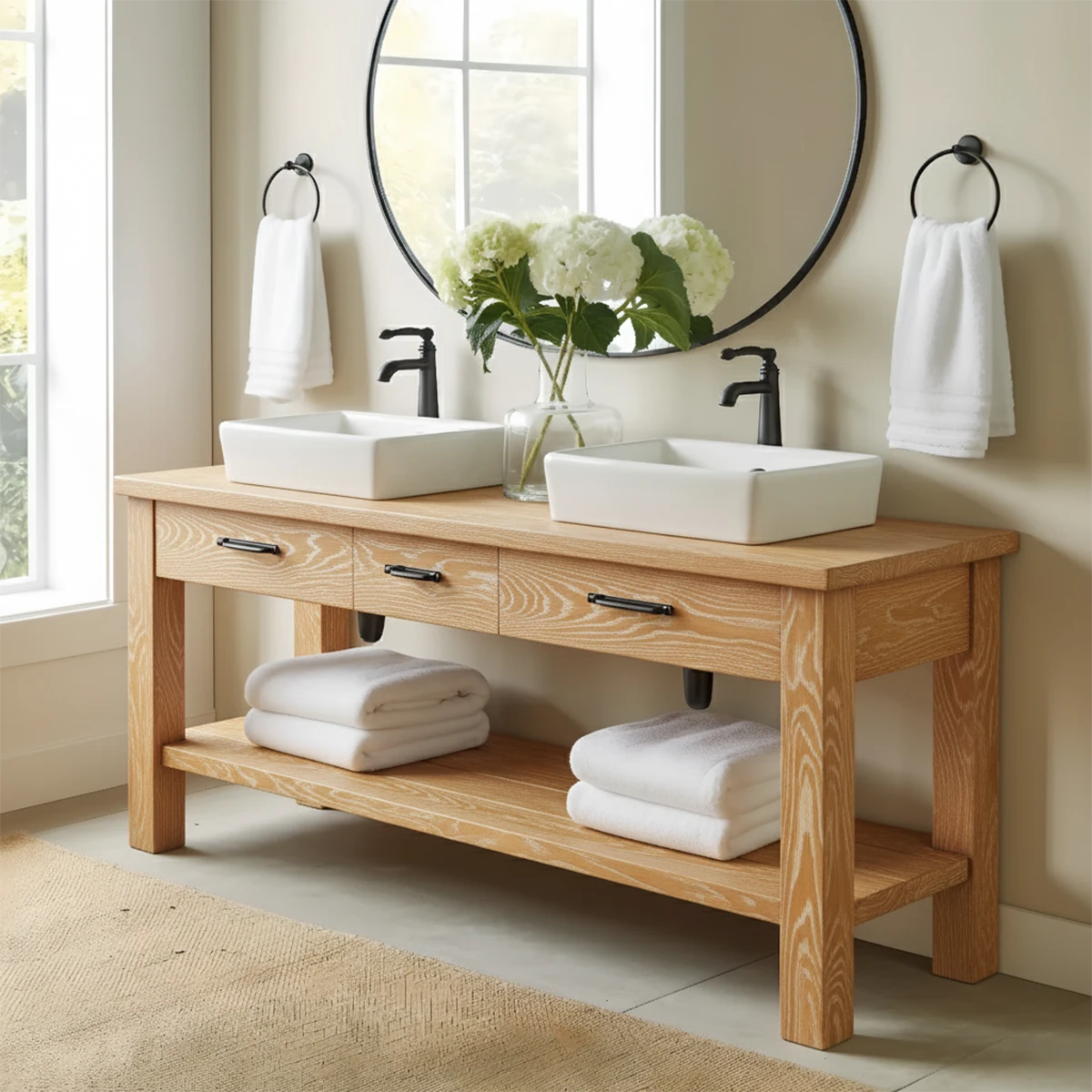 Double Sink Solid Wood Bathroom Vanity – Rustic Farmhouse Handcrafted Cabinet - Rustira