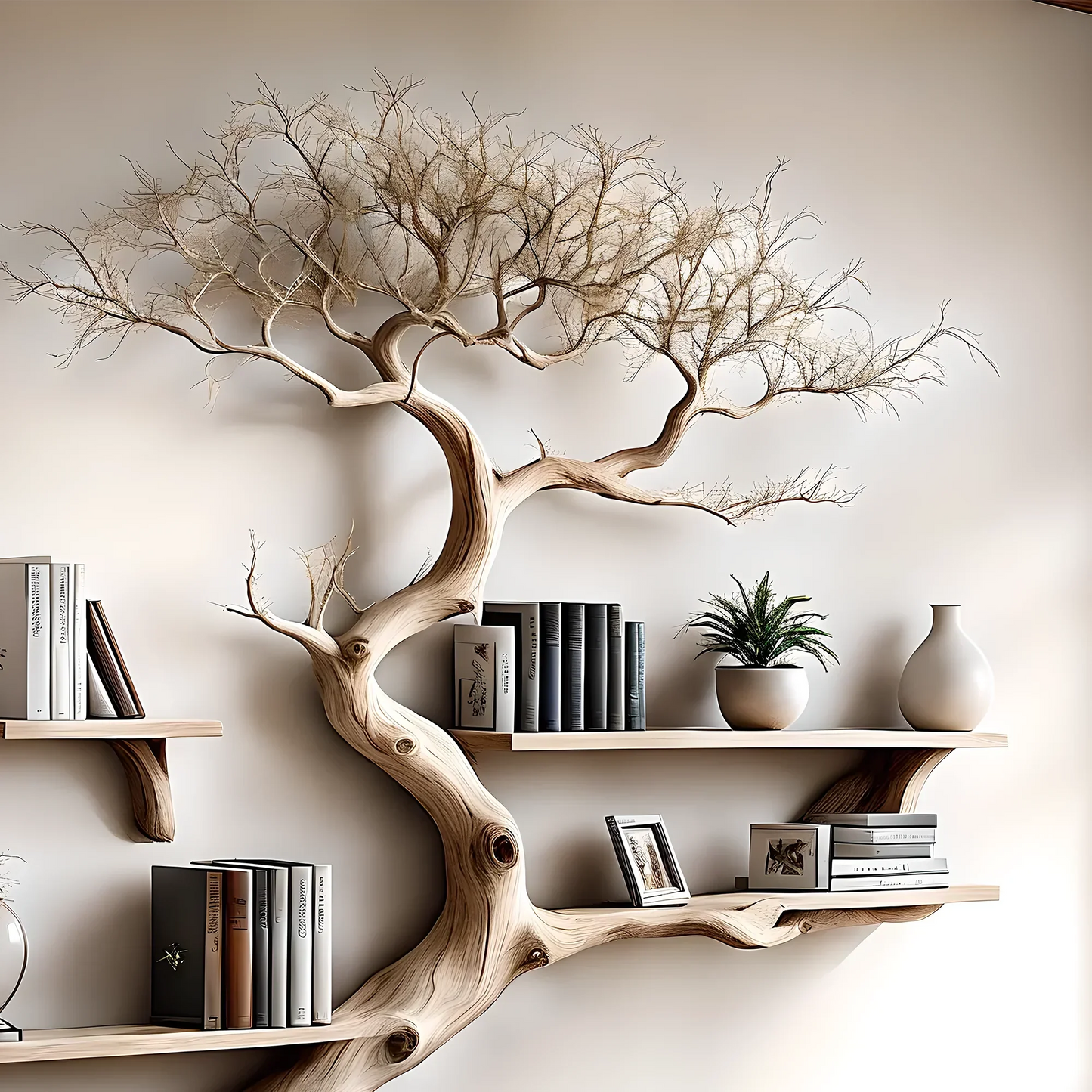 Driftwood bookshelf, with narrow table,