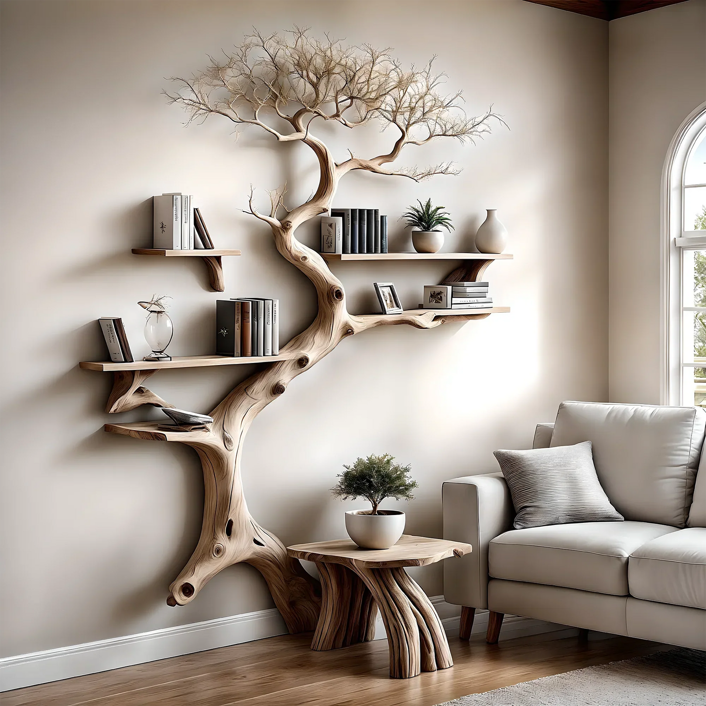 Driftwood bookshelf, with narrow table,