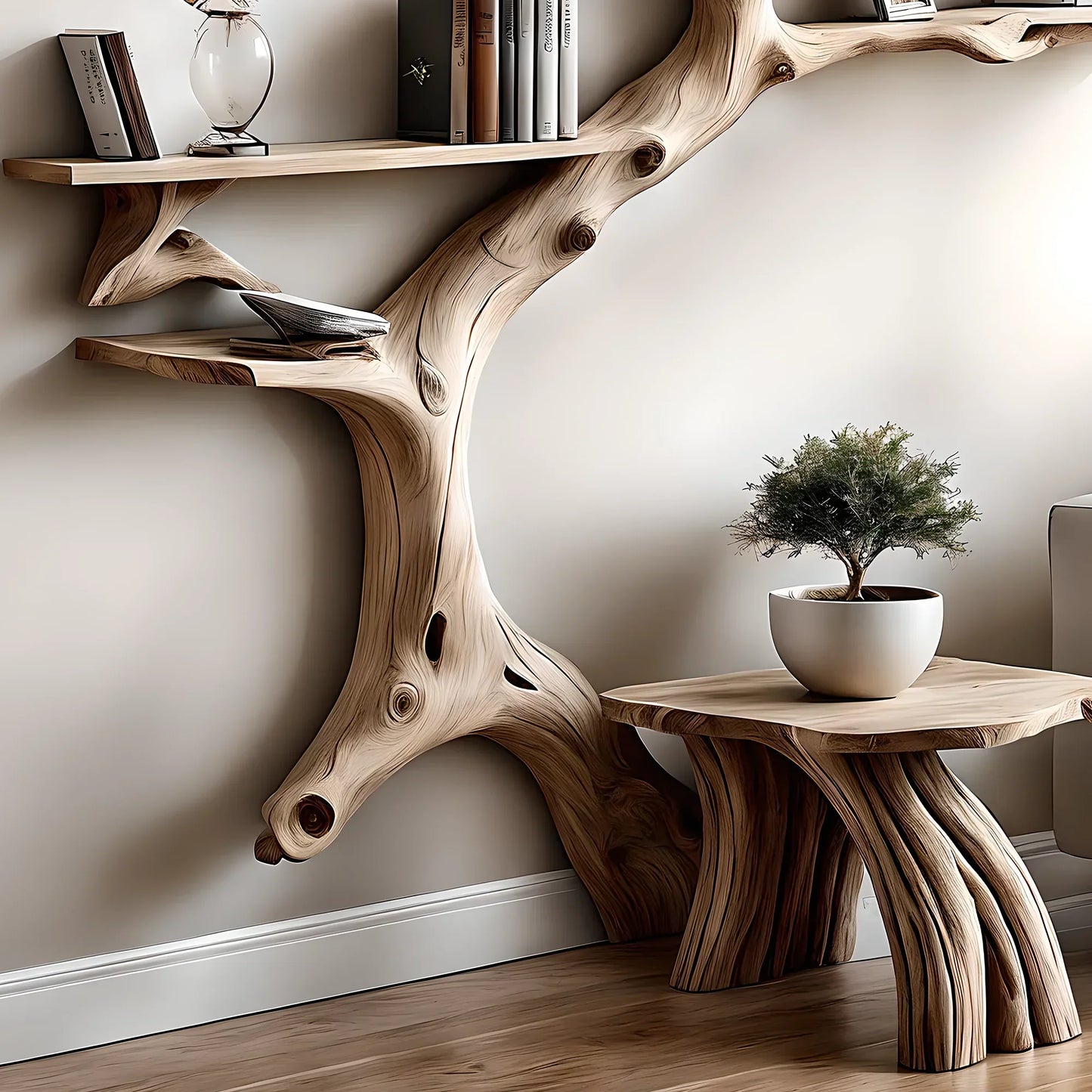 Driftwood bookshelf, with narrow table,