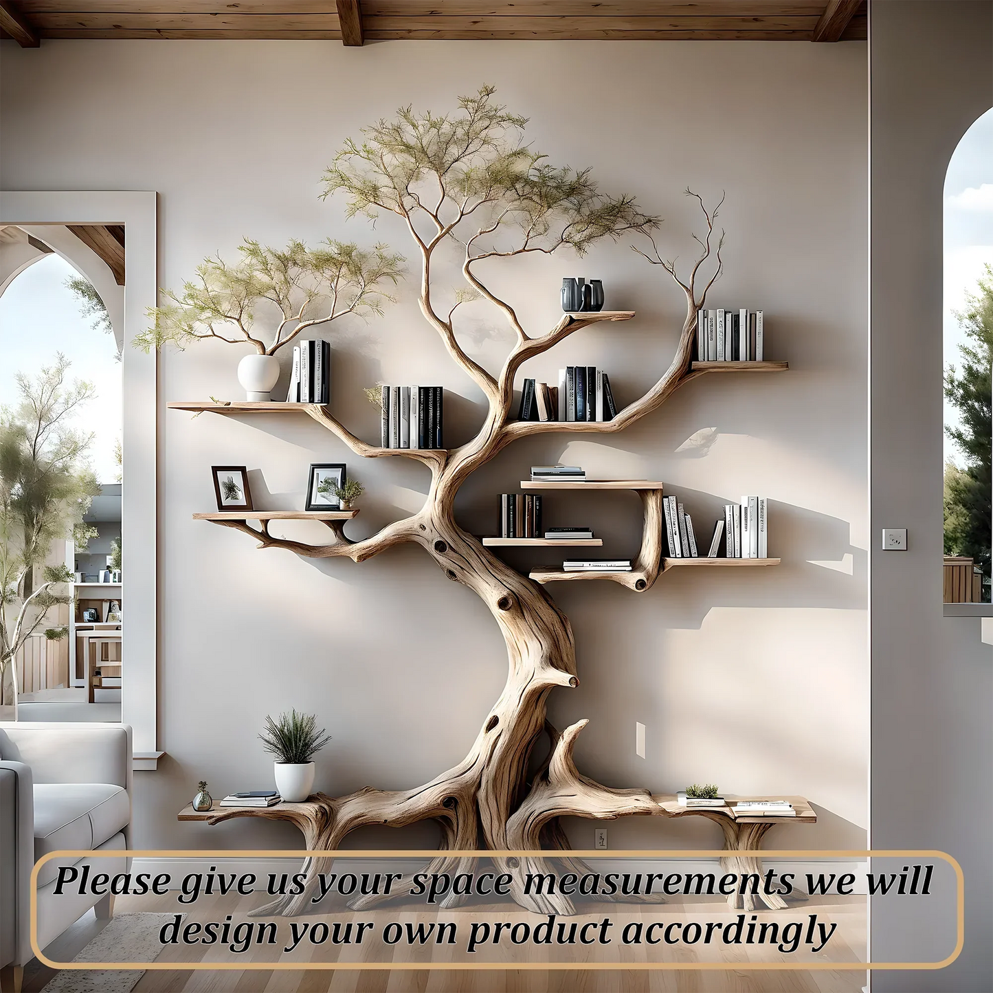 Driftwood bookshelf decorates home wall