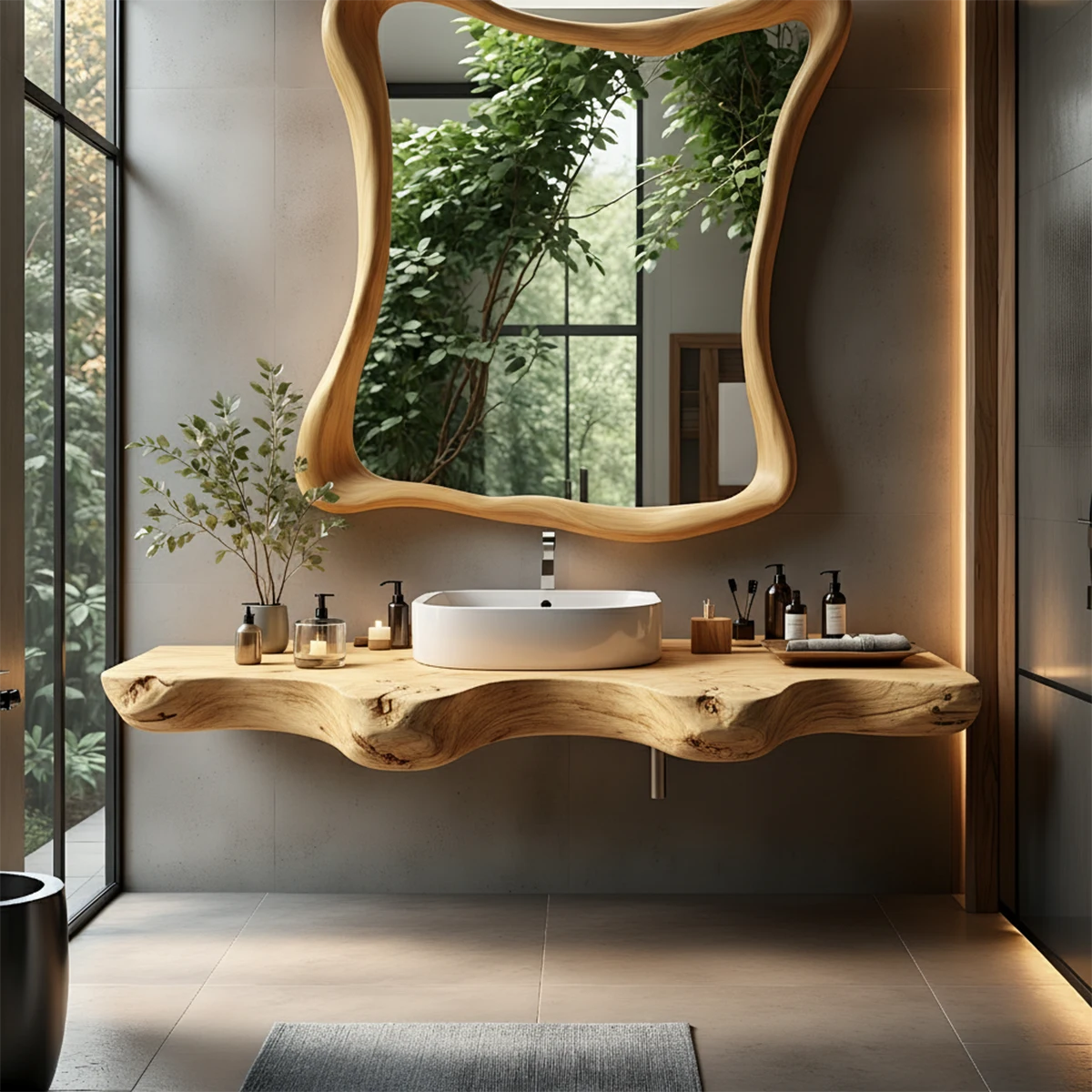 Organic Live Edge Floating Bathroom Vanity with Sculpted Frame Mirror - Rustira