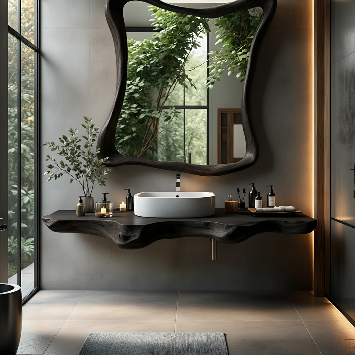 Organic Live Edge Floating Bathroom Vanity with Sculpted Frame Mirror - Rustira