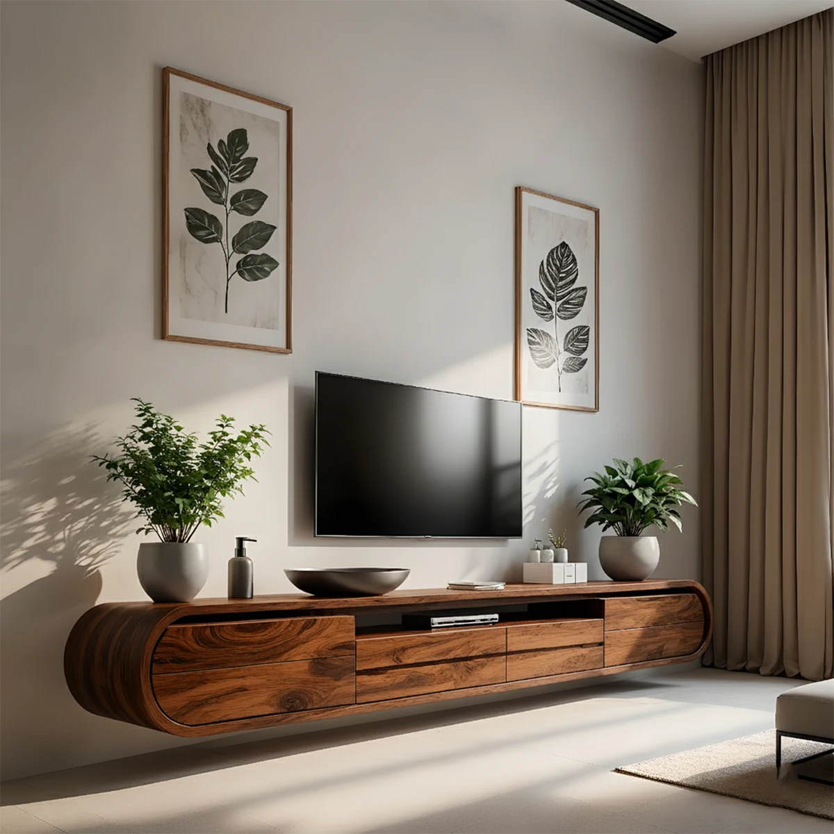 Floating Curved Edge Walnut TV Console — Organic Minimal Design - Rustira