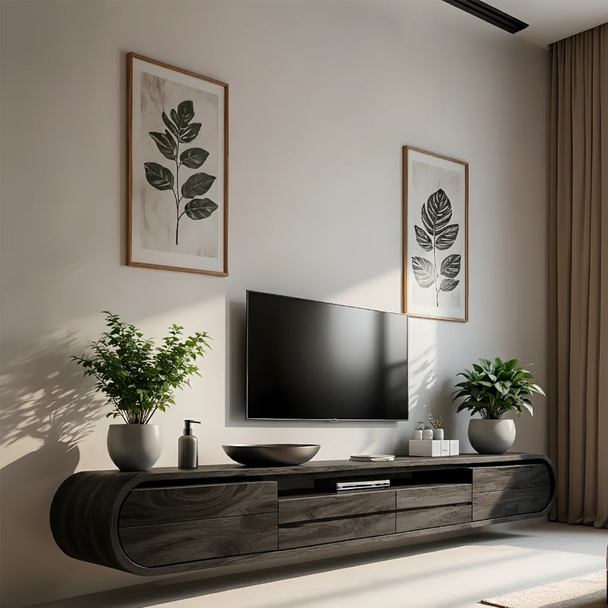 Floating Curved Edge Walnut TV Console — Organic Minimal Design - Rustira