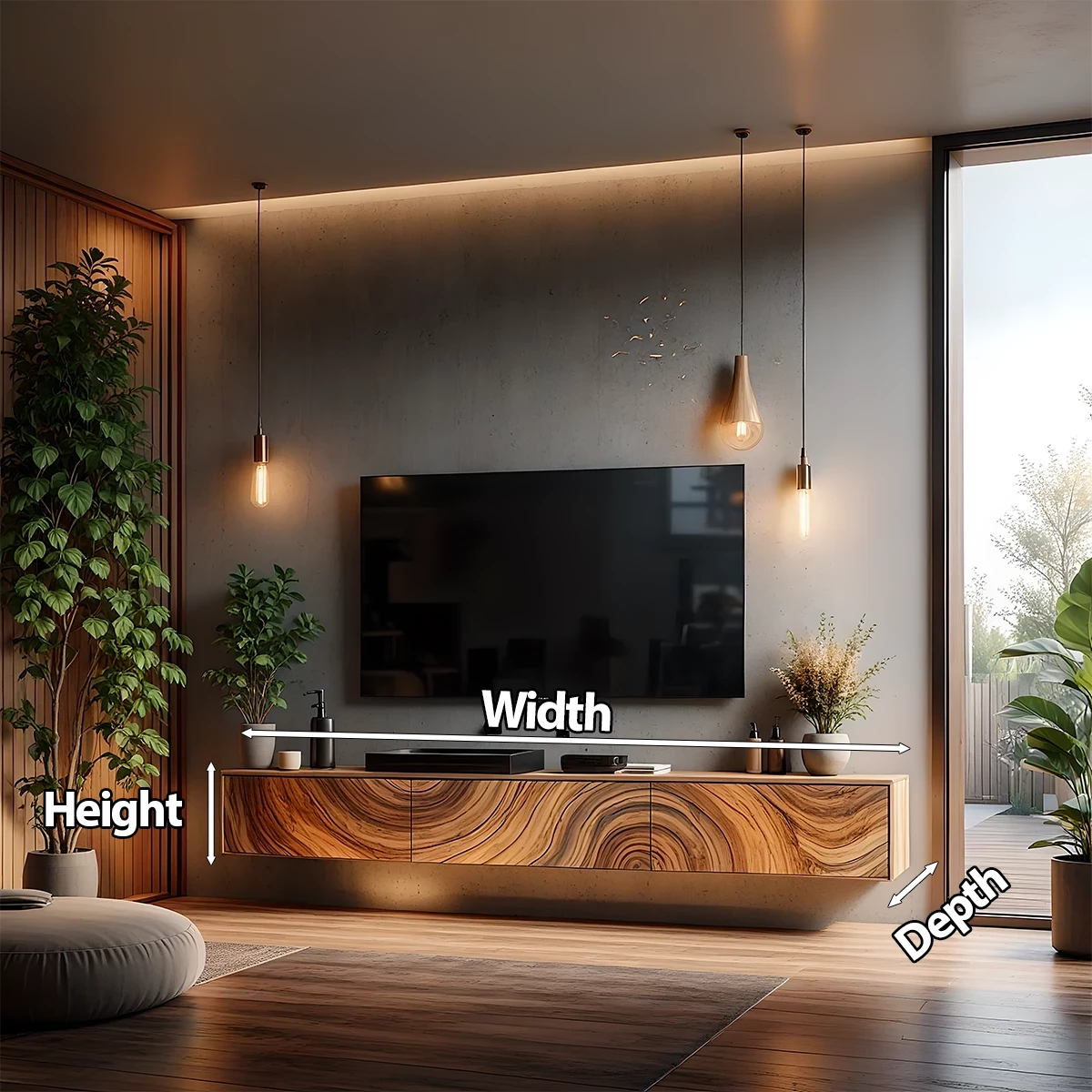 Floating Solid Wood TV Console with Artistic Grain & Soft Edge Design - Rustira