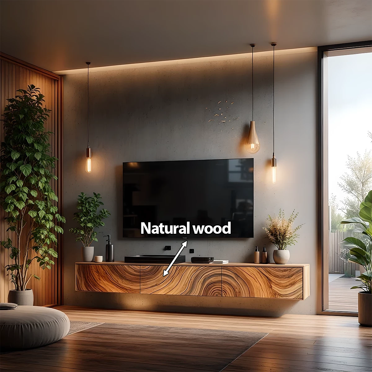 Floating Solid Wood TV Console with Artistic Grain & Soft Edge Design - Rustira