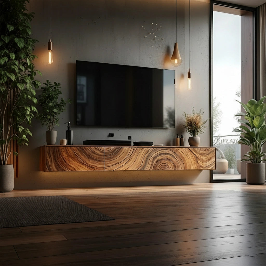 Floating Solid Wood TV Console with Artistic Grain & Soft Edge Design - Rustira