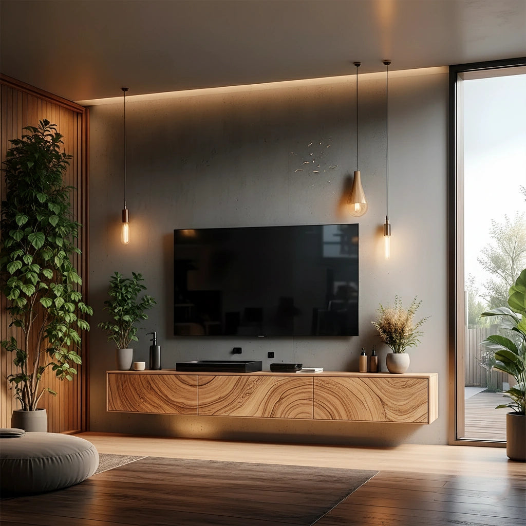 Floating Solid Wood TV Console with Artistic Grain & Soft Edge Design - Rustira