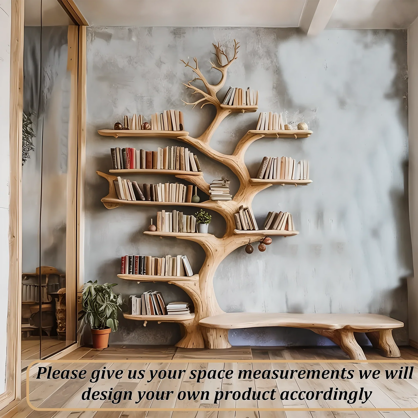 Floating shelves made of driftwood and solid wood, modern design