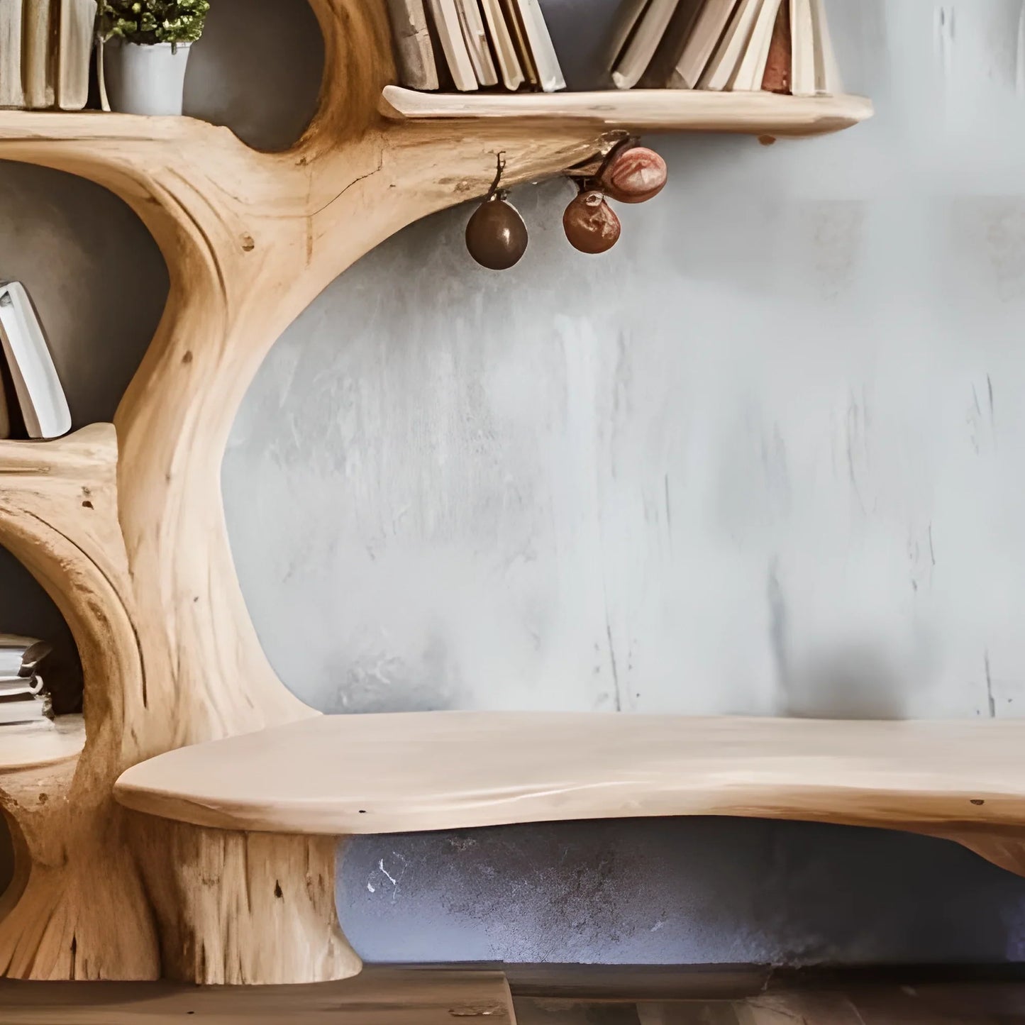Floating shelves made of driftwood and solid wood, modern design