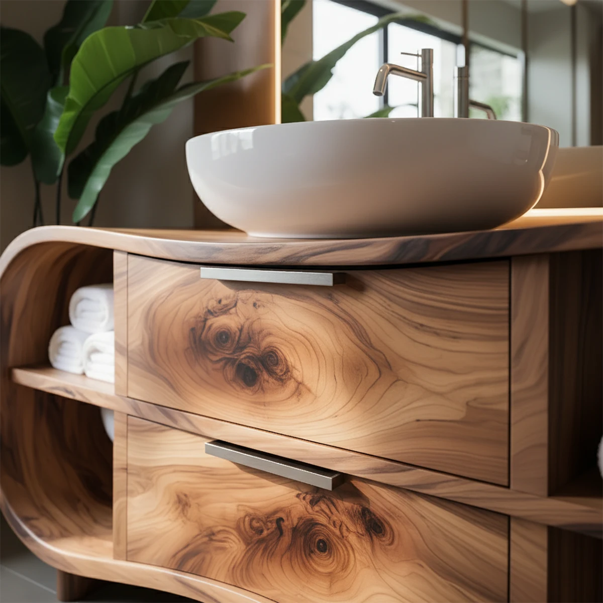 Flowline Bathroom Vanity – Natural Solid Wood Contemporary - Rustira