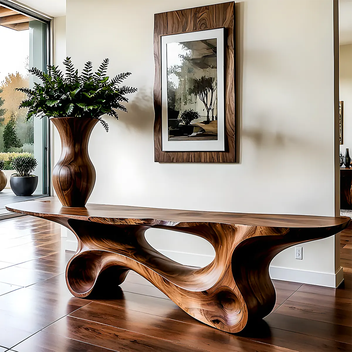 Fluid Twist Walnut Console Table – Modern Sculptural Wood - Rustira