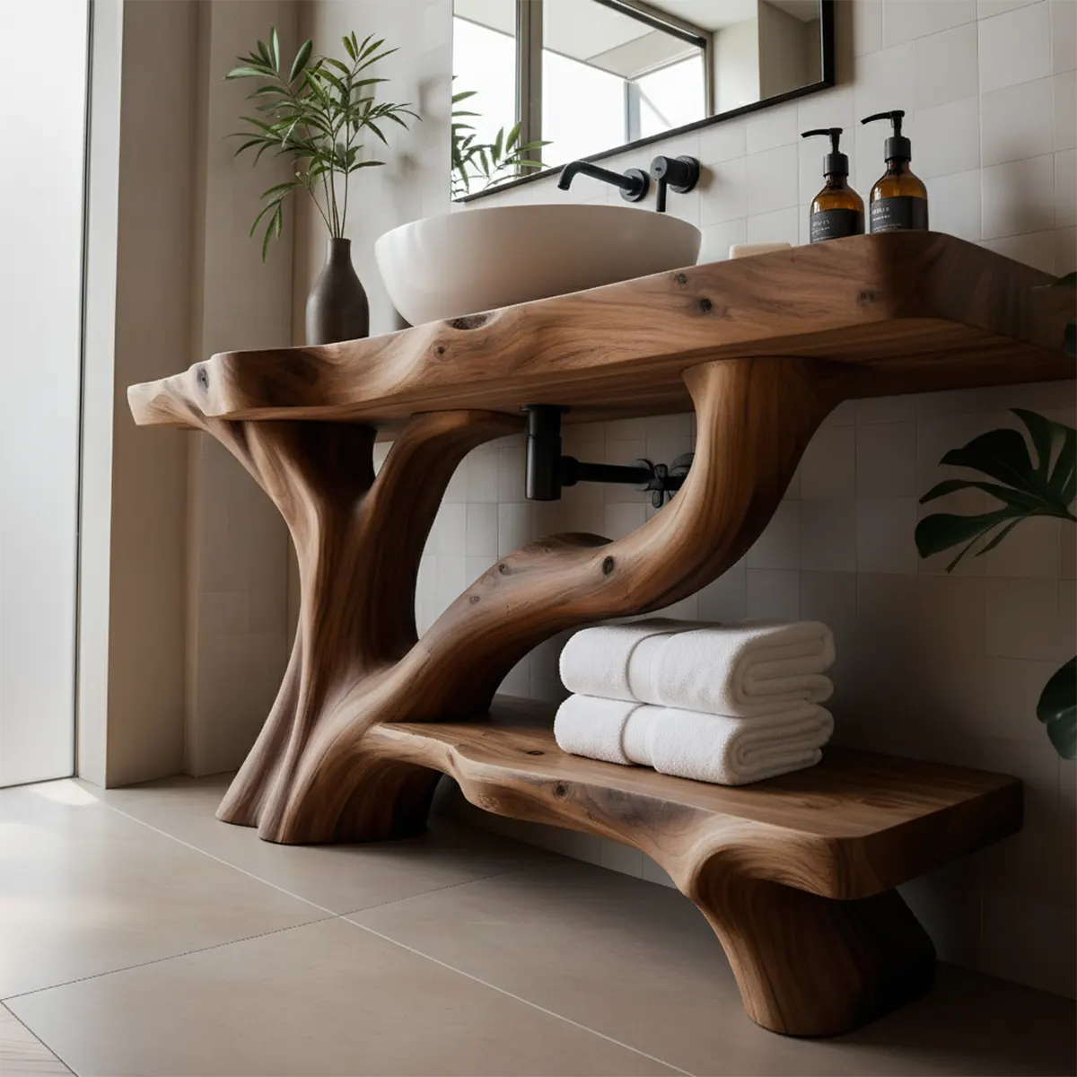 Organic Tree-Inspired Live Edge Solid Wood Bathroom Vanity - Rustira