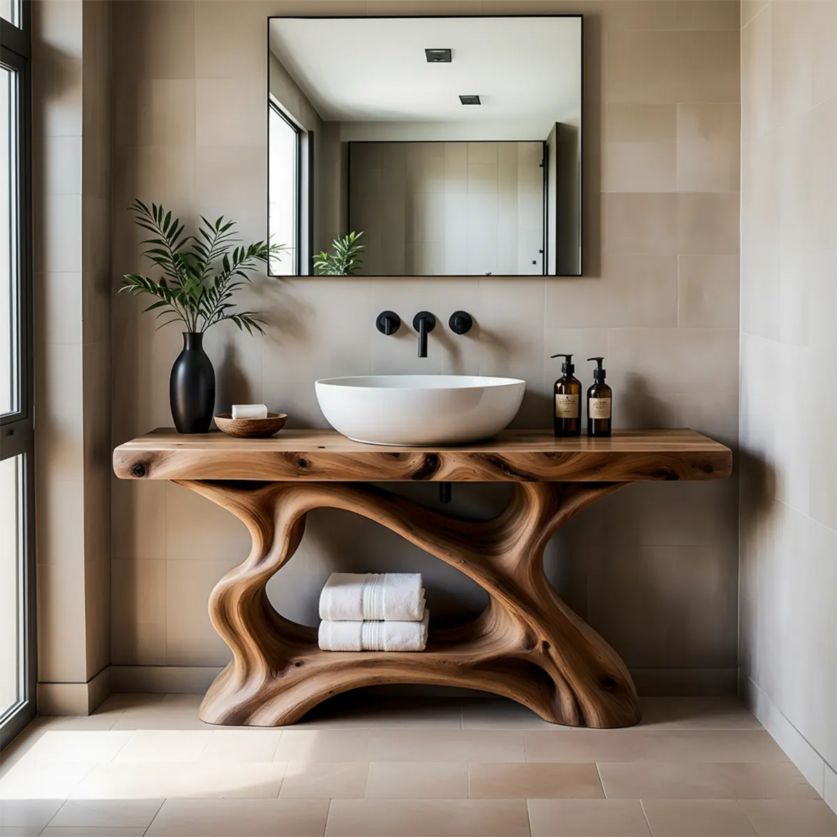 Rustic Sculpted Solid Wood Live Edge Bathroom Vanity - Rustira