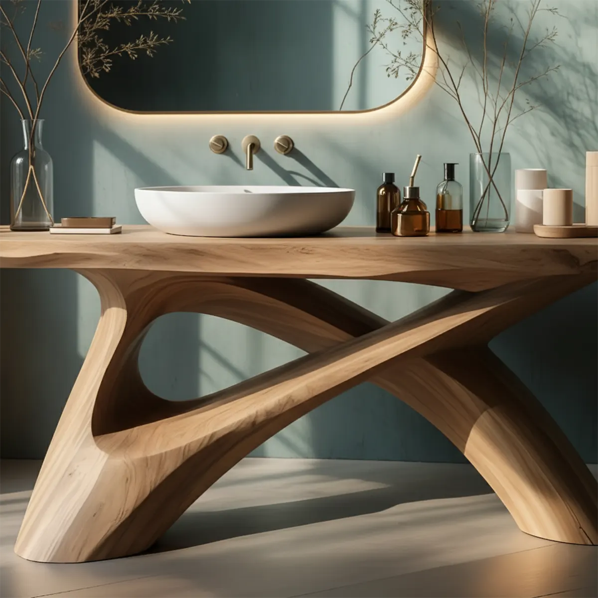 FlowForm Vanity – Modern Sculpted Solid Wood Bathroom Console - Rustira