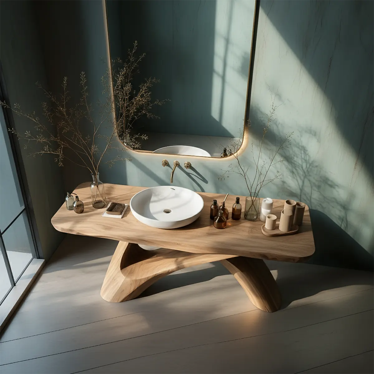 FlowForm Vanity – Modern Sculpted Solid Wood Bathroom Console - Rustira