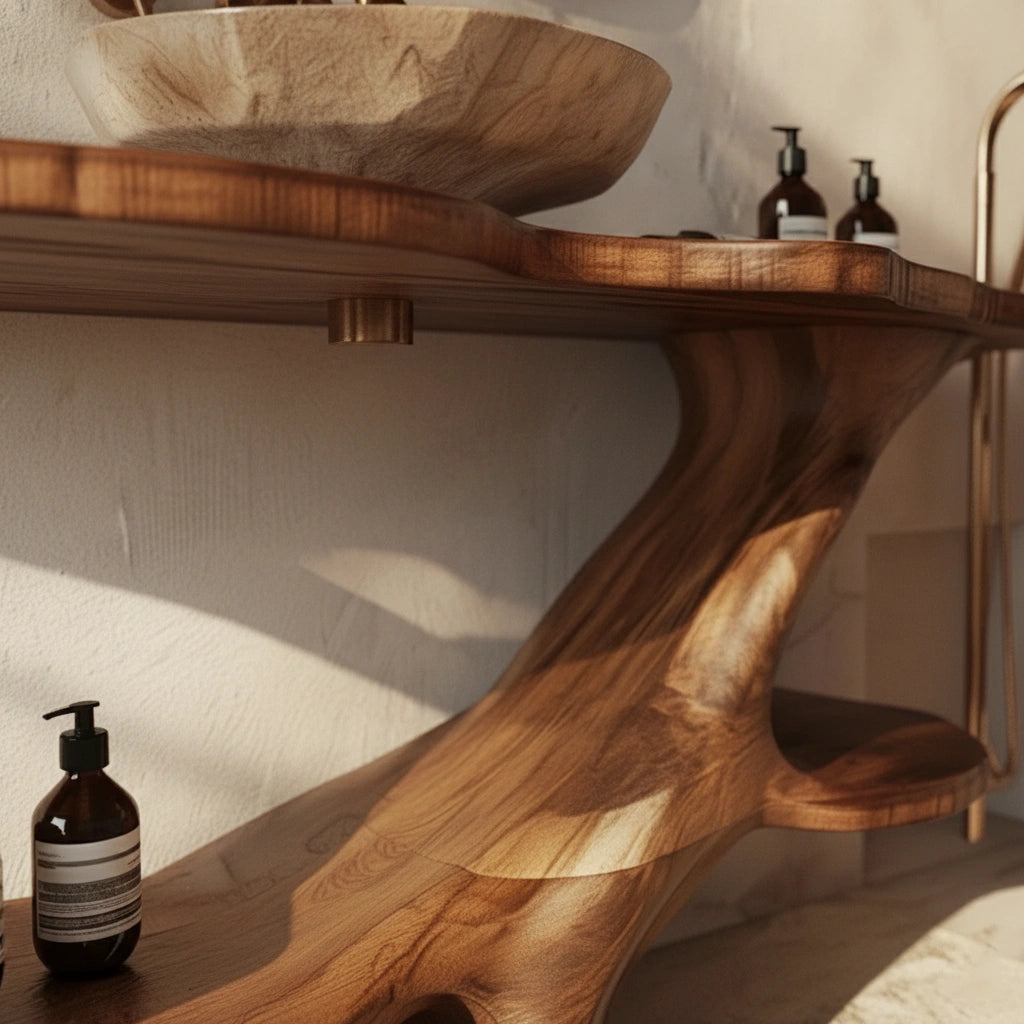 Organic Solid Wood Bathroom Vanity With Sculptural Base & Shelf - Rustira