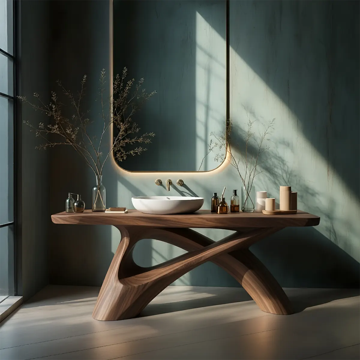 FlowForm Vanity – Modern Sculpted Solid Wood Bathroom Console - Rustira