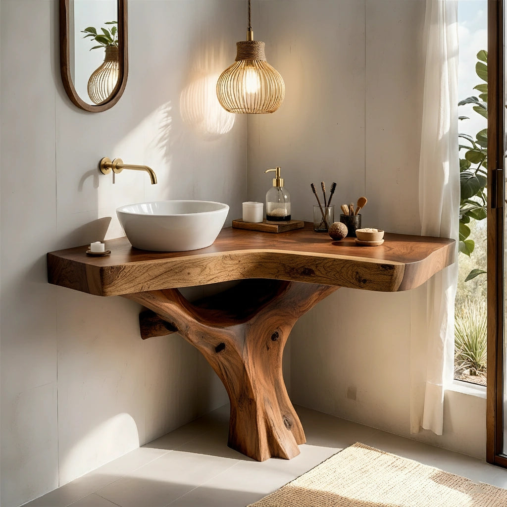 Organic Live Edge Bathroom Vanity With Sculpted Tree-Form Base - Rustira