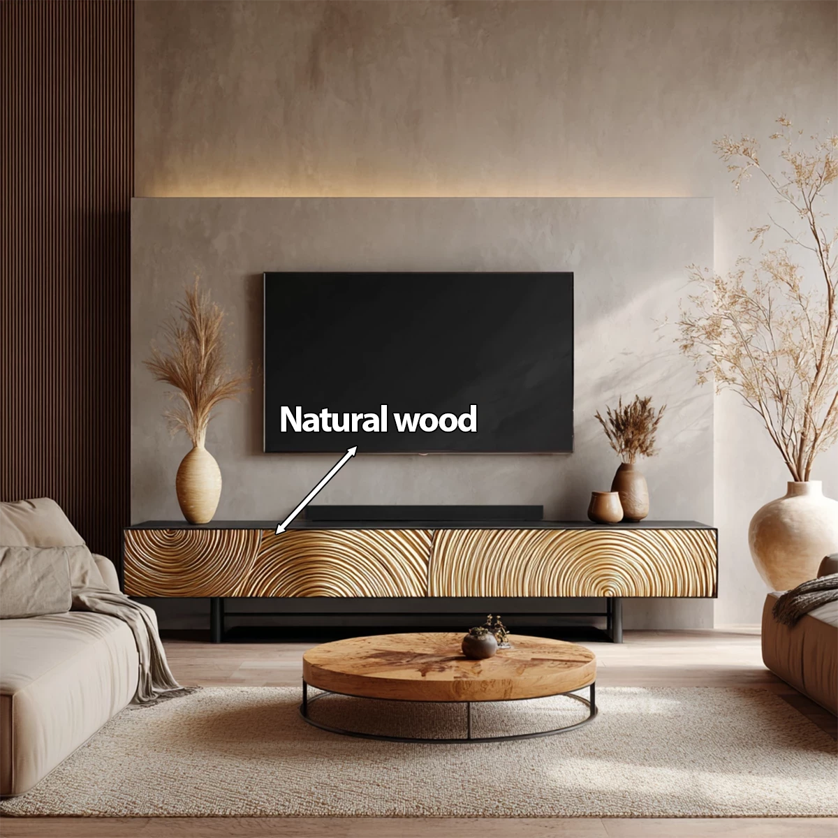 Golden Spiral-Carved Solid Wood TV Stand – Luxury Organic Console - Rustira