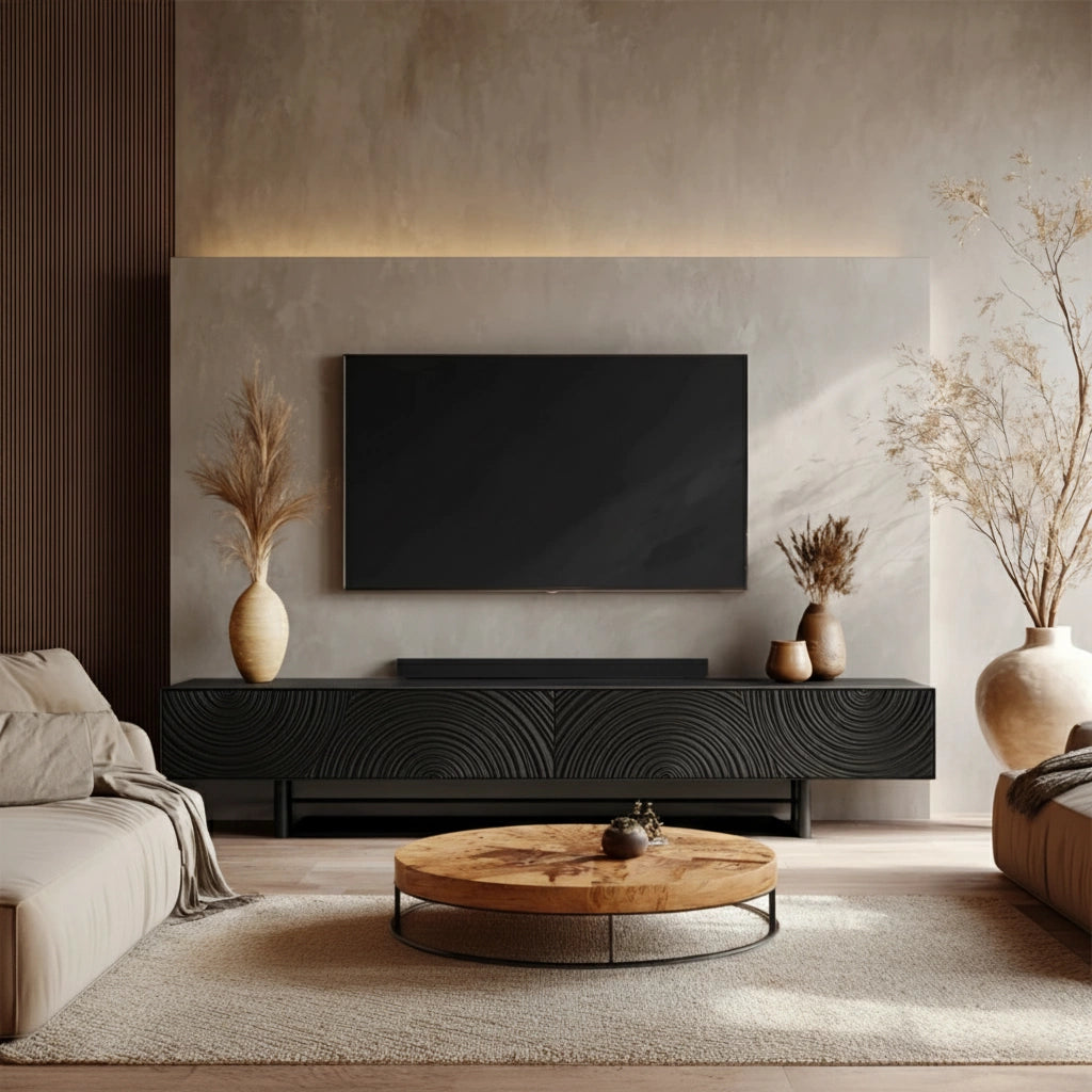 Golden Spiral-Carved Solid Wood TV Stand – Luxury Organic Console - Rustira