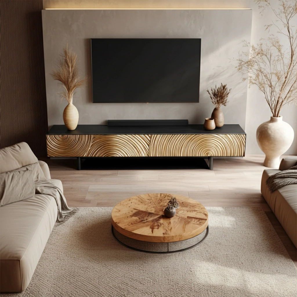 Golden Spiral-Carved Solid Wood TV Stand – Luxury Organic Console - Rustira